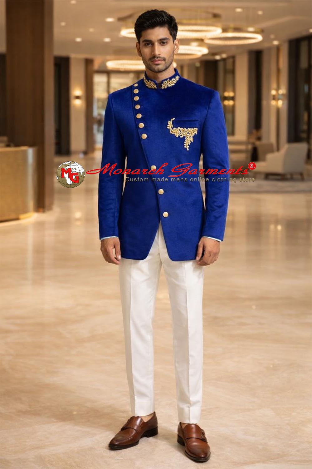 Royal blue velvet Jodhpuri suit for men with embroidery and cream trouser
