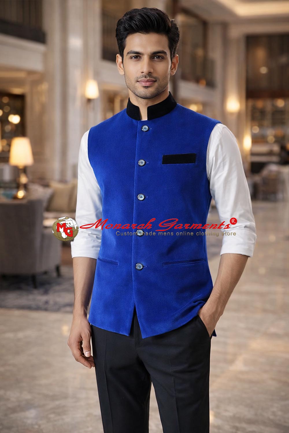 Royal blue velvet Nehru vest for men with black collar wedding wear India