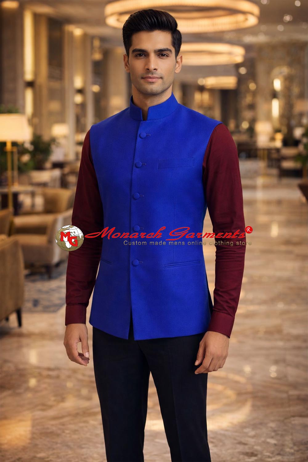 Royal blue velvet Nehru vest for men tailored fit wedding wear India