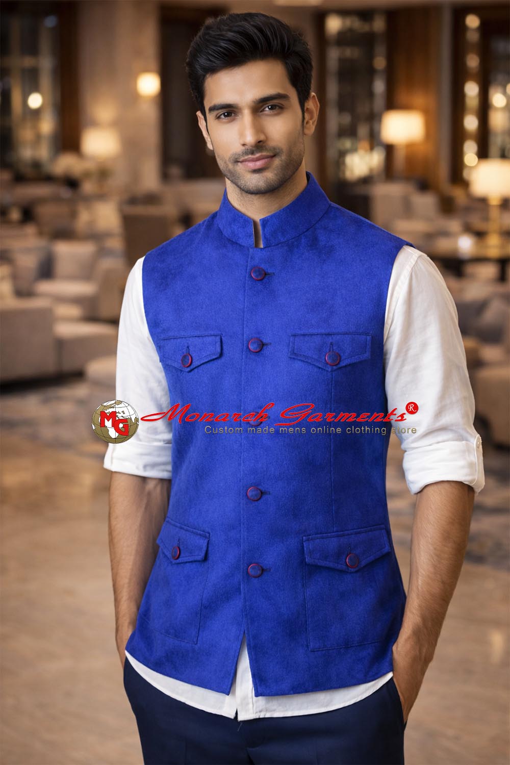 Royal blue velvet Nehru vest for men safari style wedding wear India