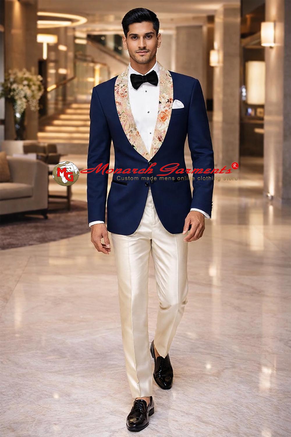 Men’s royal blue velvet slim fit blazer with printed shawl collar for wedding and party wear
