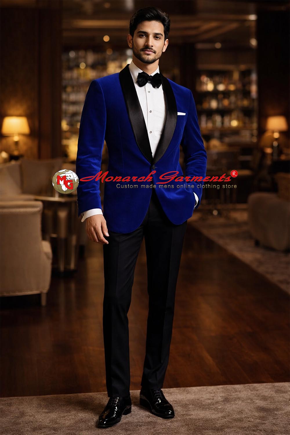 Royal blue velvet slim fit blazer with black satin shawl lapel for men by Monarch Garments
