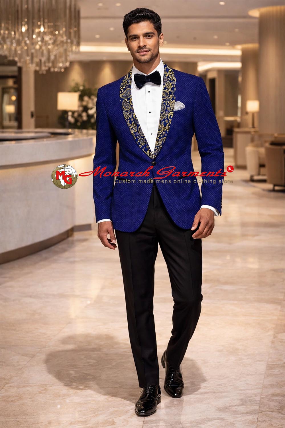 Royal blue velvet slim fit blazer with black satin shawl lapel for wedding reception by Monarch Garments