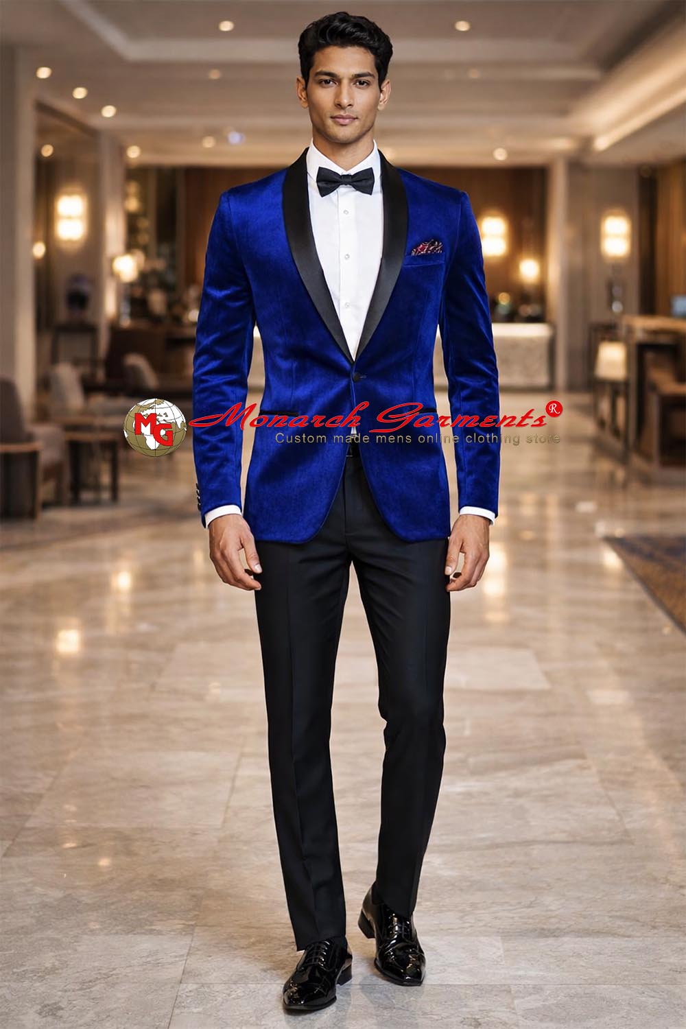 Royal blue velvet slim fit blazer with satin shawl lapel for men by Monarch Garments