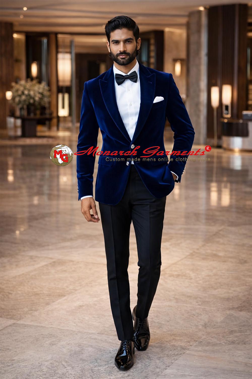 Men wearing royal blue velvet tuxedo jacket with bow tie for wedding and formal events in India