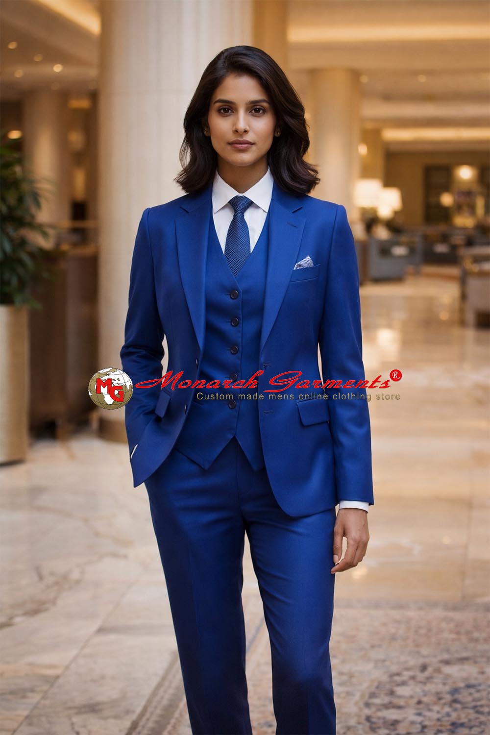 Royal blue 3 piece slim fit formal suit for women with blazer waistcoat and tailored trousers