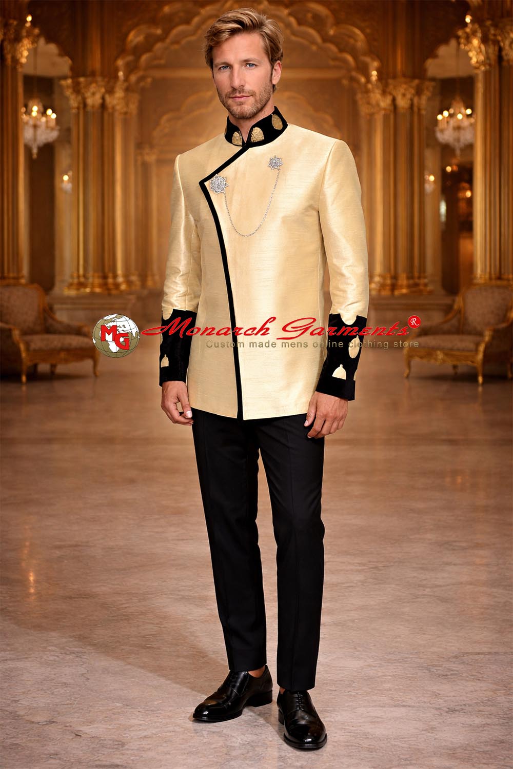 Royal gold bandhgala suit for men with black contrast by Monarch Garments – luxury Indian groom wedding outfit