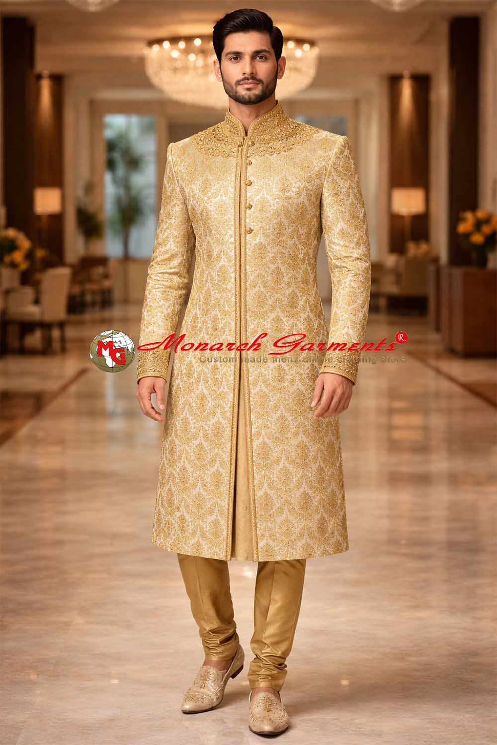 Royal gold jacquard wedding sherwani for men with embroidered collar and cuffs – premium Indian groom sherwani by Monarch Garments