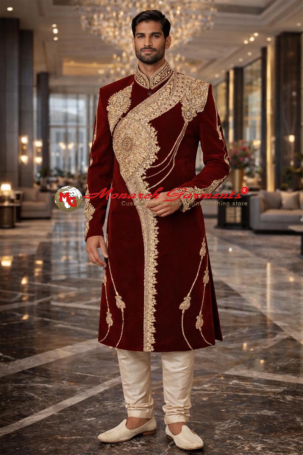 Royal maroon embroidered groom sherwani for Indian wedding with cream churidar