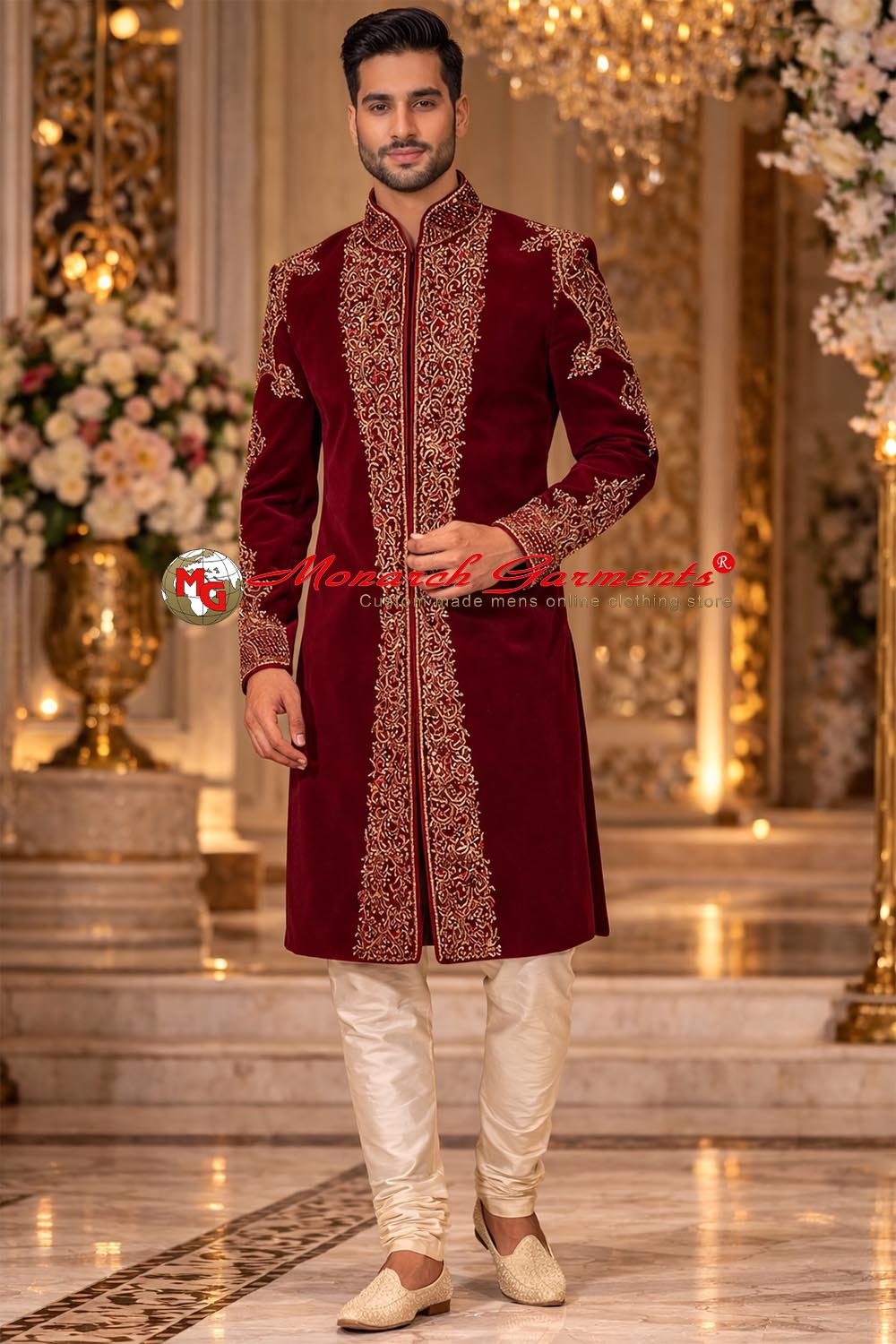 Royal maroon embroidered groom sherwani with gold detailing for Indian wedding