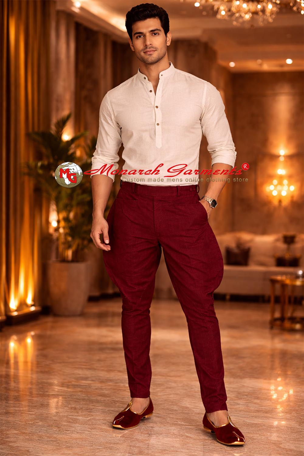 Men’s maroon Jodhpuri breeches pants traditional Indian wedding bottom wear by Monarch Garments