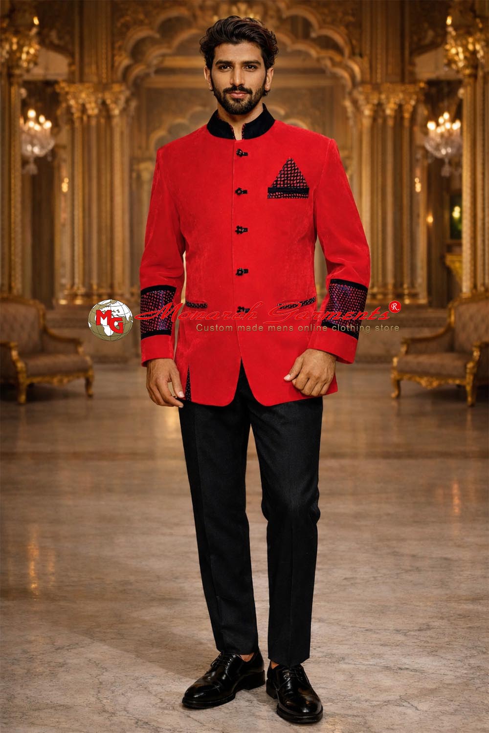 Royal red bandhgala suit for men with black contrast by Monarch Garments – luxury Indian wedding groom outfit