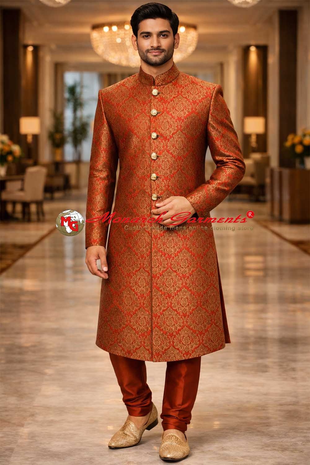 Royal red jacquard wedding sherwani for men with gold woven pattern – premium Indian groom sherwani by Monarch Garments