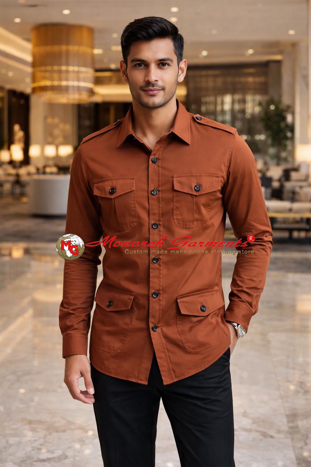 Rust brown safari shirt for men slim fit with flap pockets and epaulets