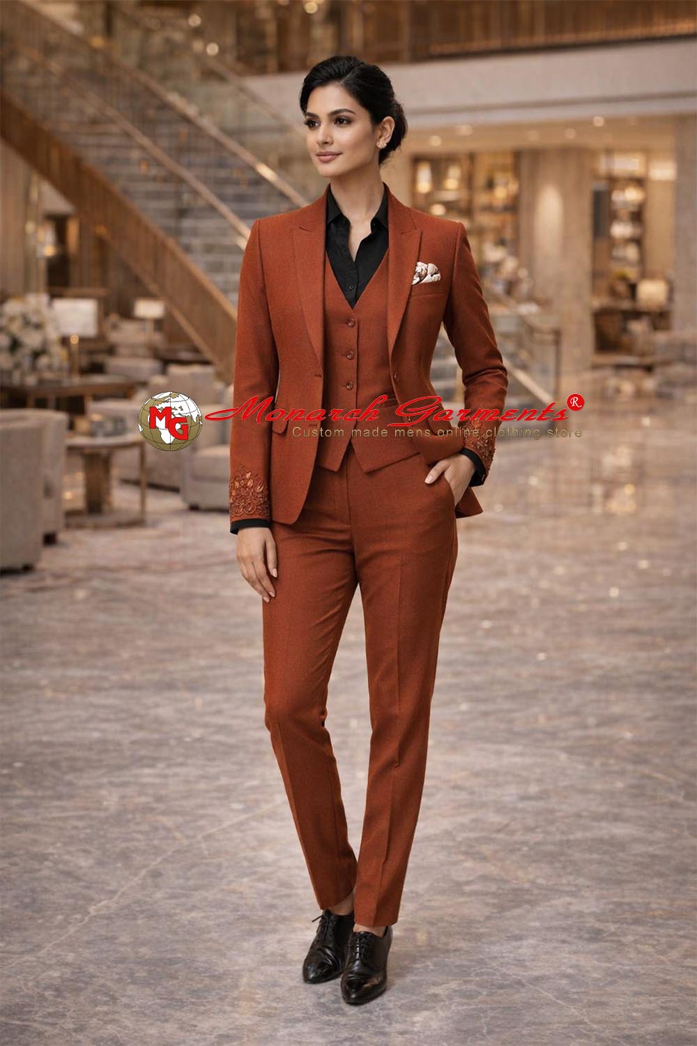 Rust brown 3 piece suit for women slim fit formal suit for receptions and weddings in India
