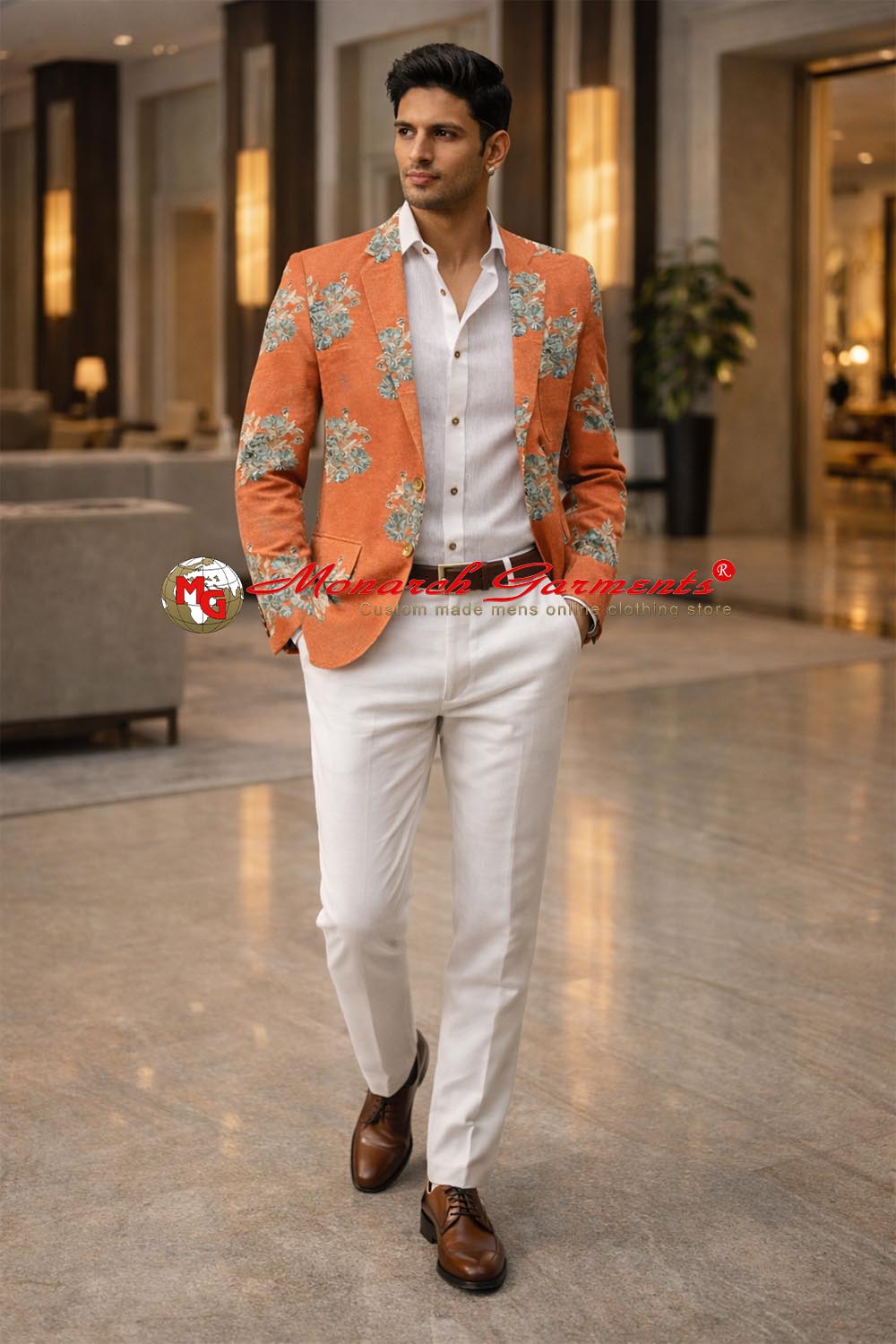 Rust dupion silk embroidered slim fit blazer for men by Monarch Garments