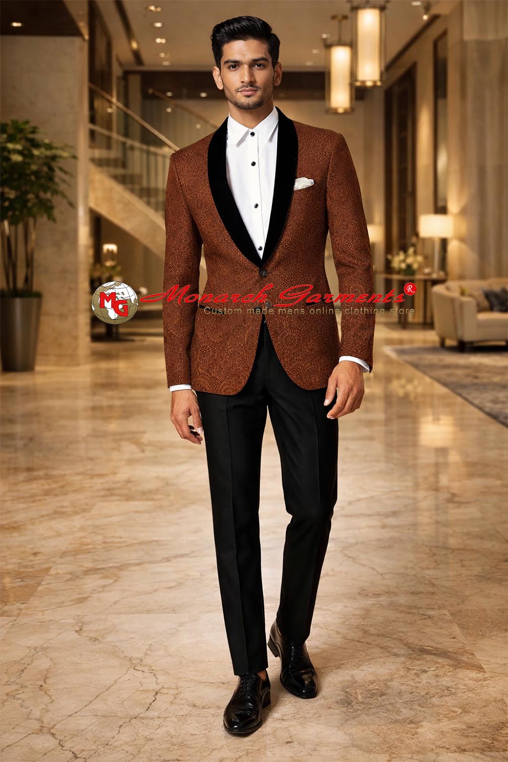 Men’s rust paisley velvet shawl collar slim fit blazer by Monarch Garments