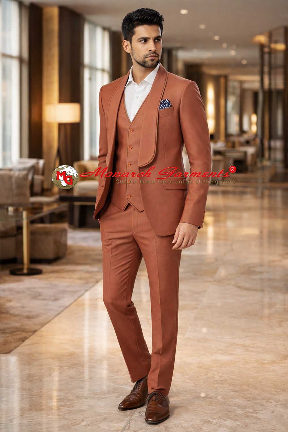 Rust slim fit tuxedo suit for men with shawl collar 3 piece formal suit