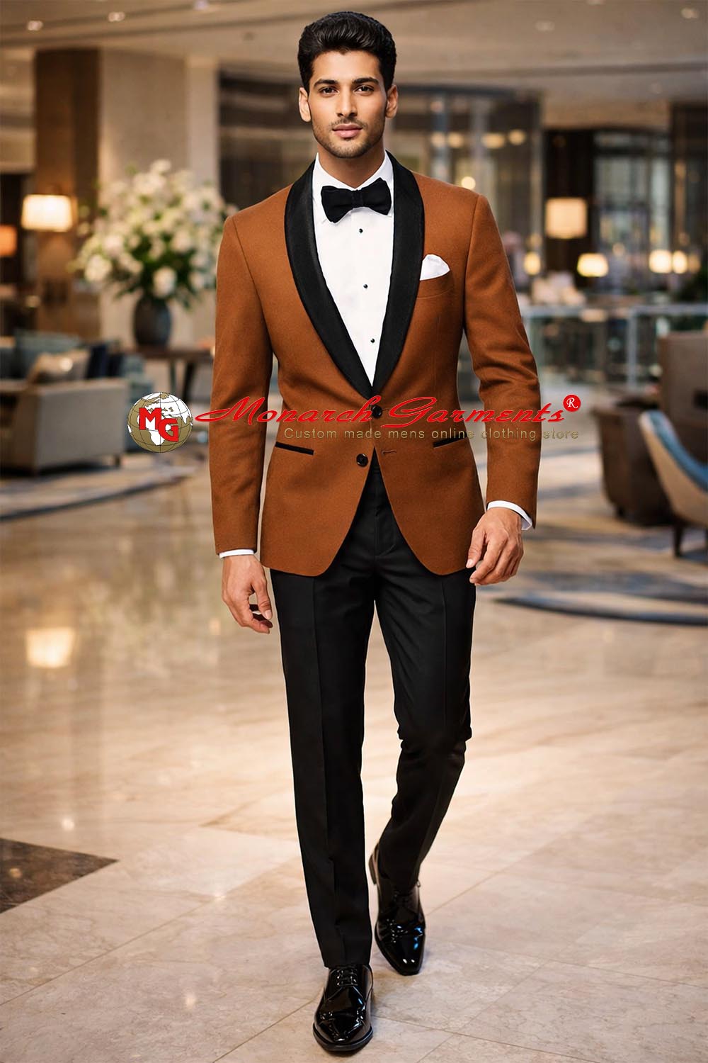 Men’s rust velvet slim fit blazer with black shawl lapel for wedding and party wear