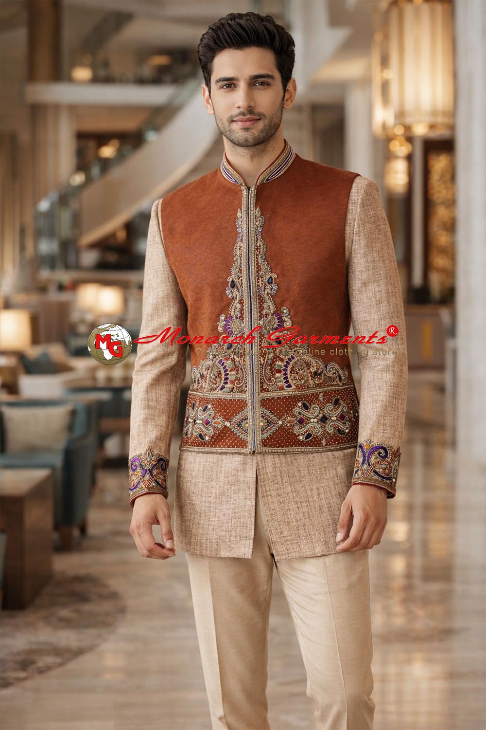 Saddle brown designer Nehru vest for men with embroidery tailored fit wedding wear India
