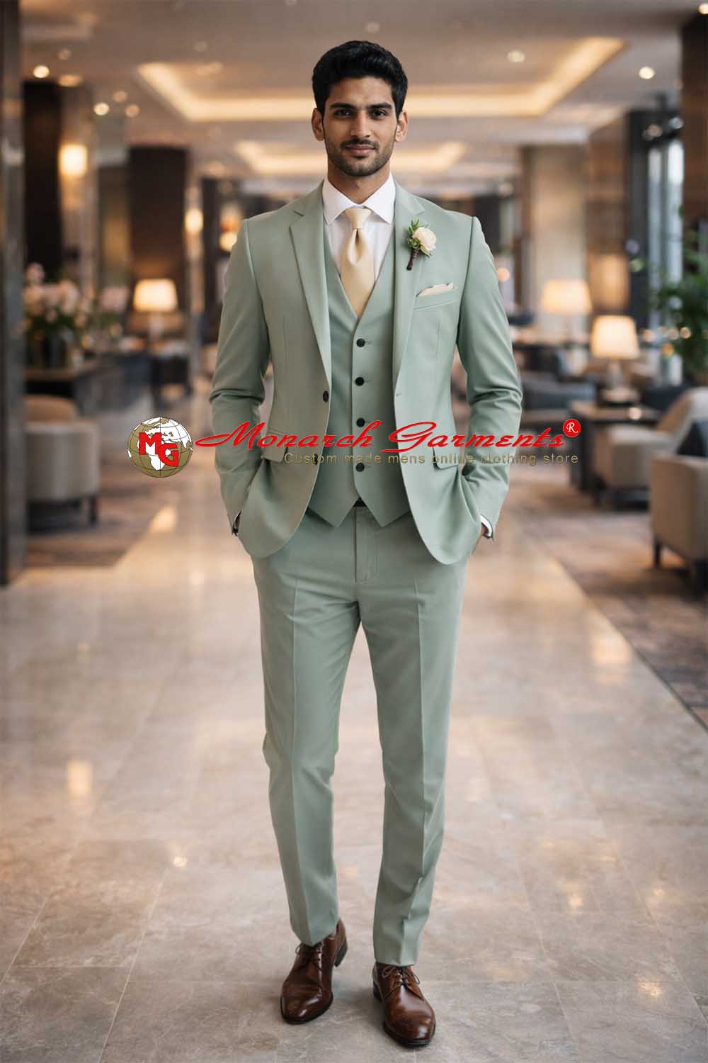 Sage green 3 piece suit for men slim fit wedding formal suit India