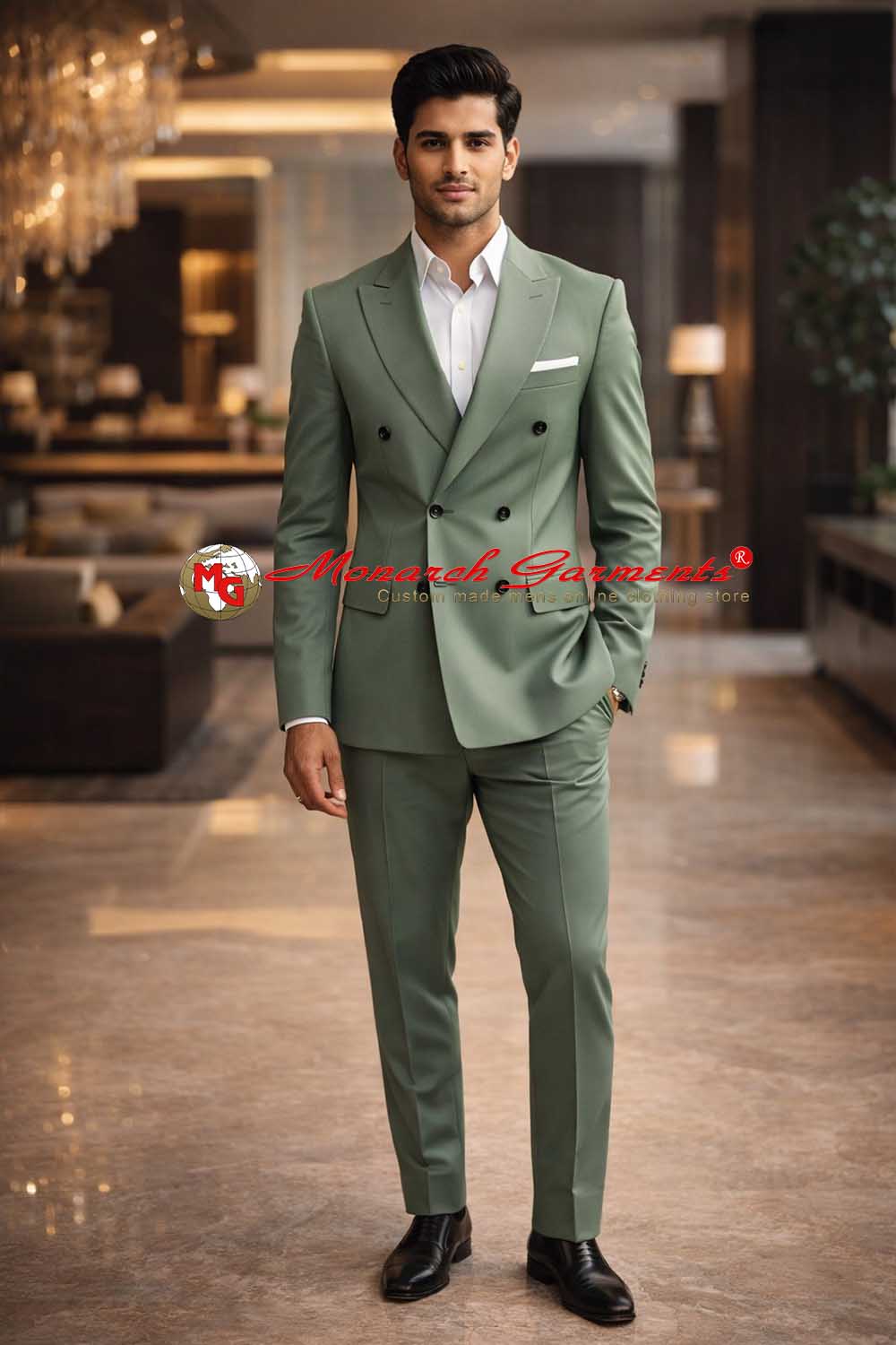 Sage green double breasted suit for men slim fit formal wedding suit India