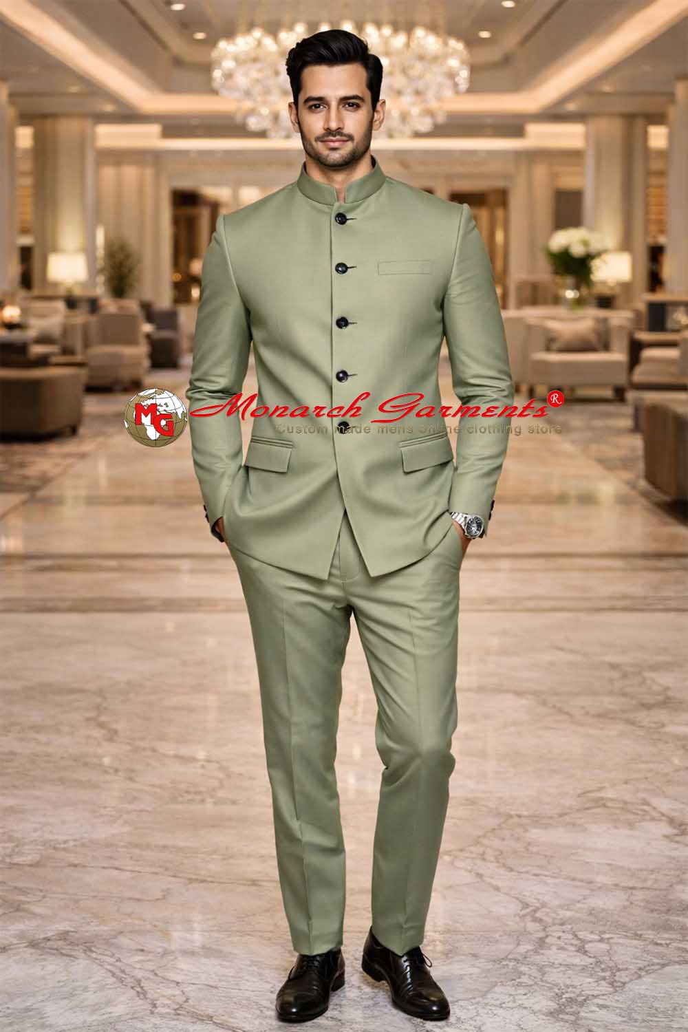 Sage green groom Jodhpuri Bandhgala suit for Indian wedding with matching trousers by Monarch Garments