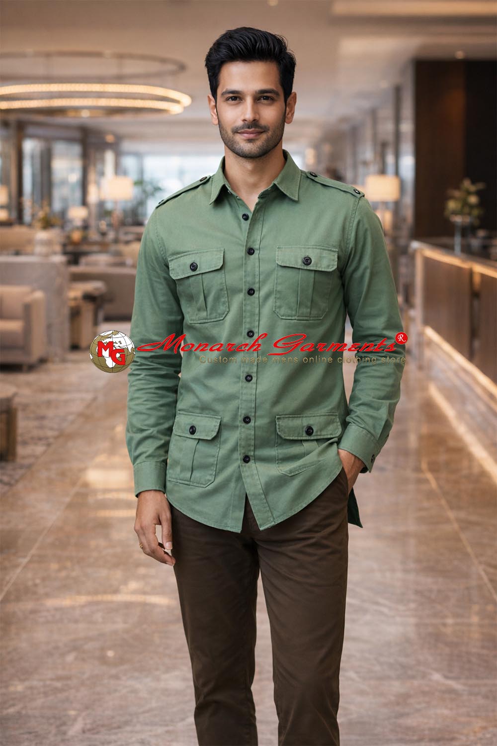 Sage green safari shirt for men slim fit cotton utility style