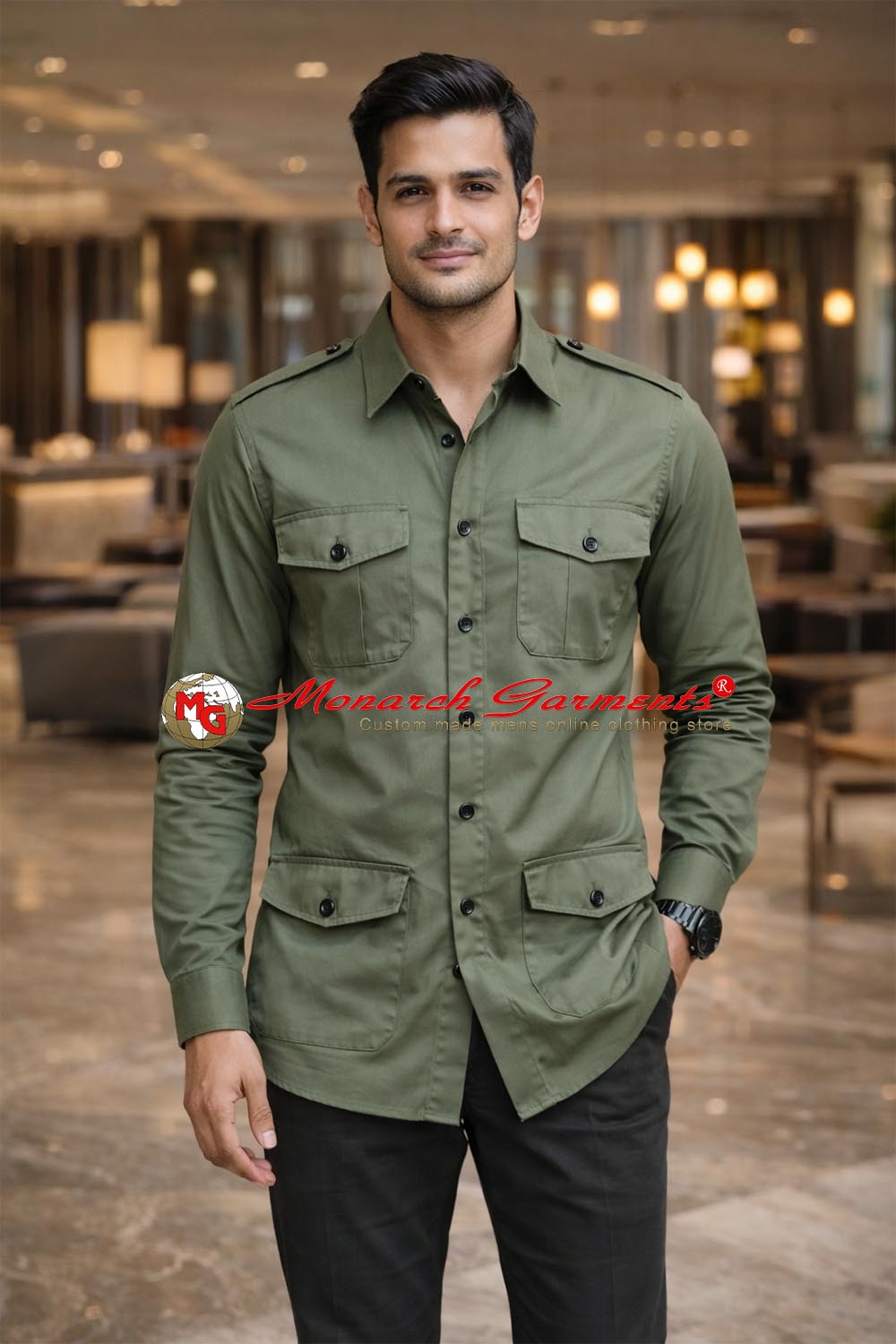 Sage green safari shirt for men slim fit cotton utility style
