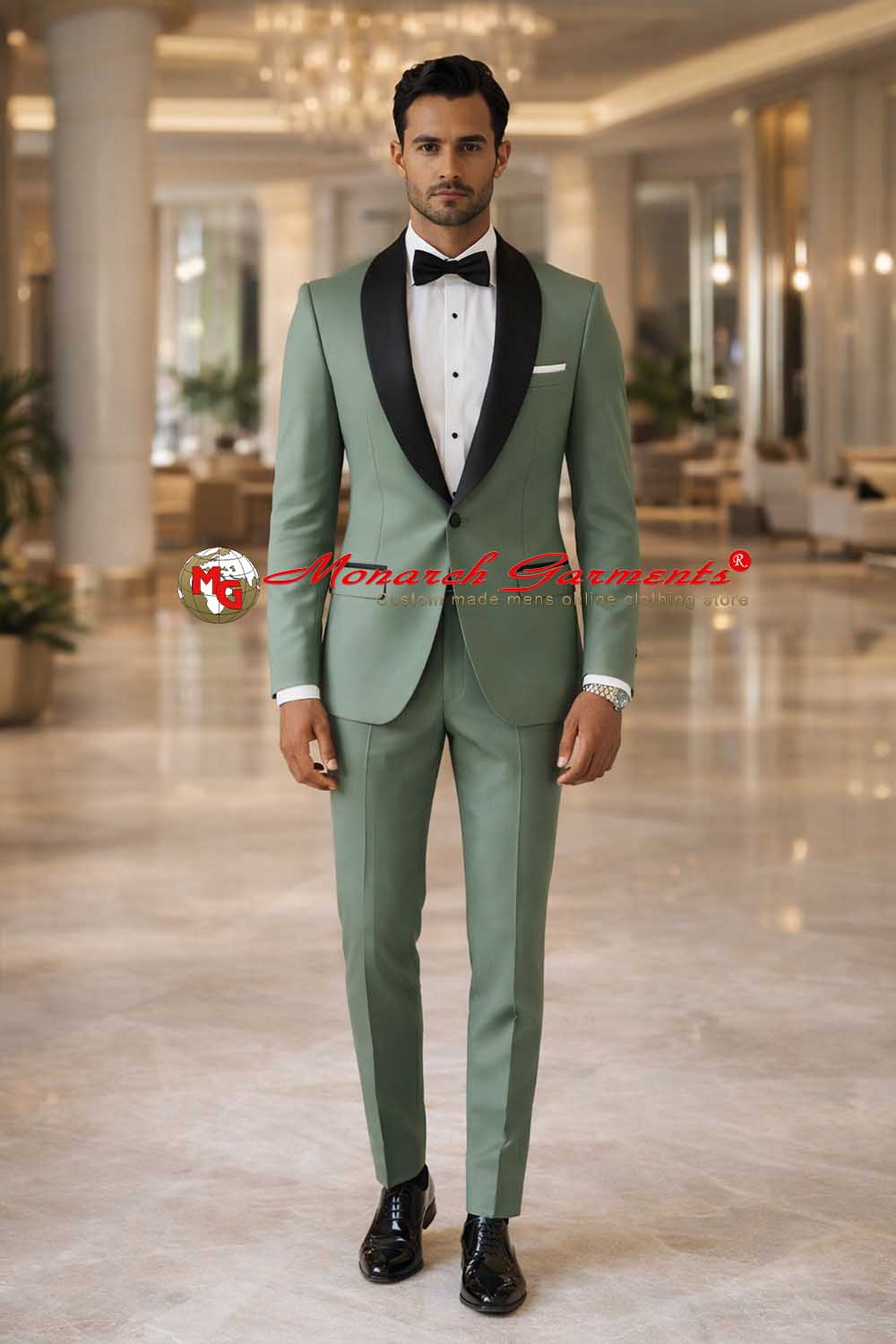 Sage green tuxedo suit for men with black satin lapel slim fit wedding wear India