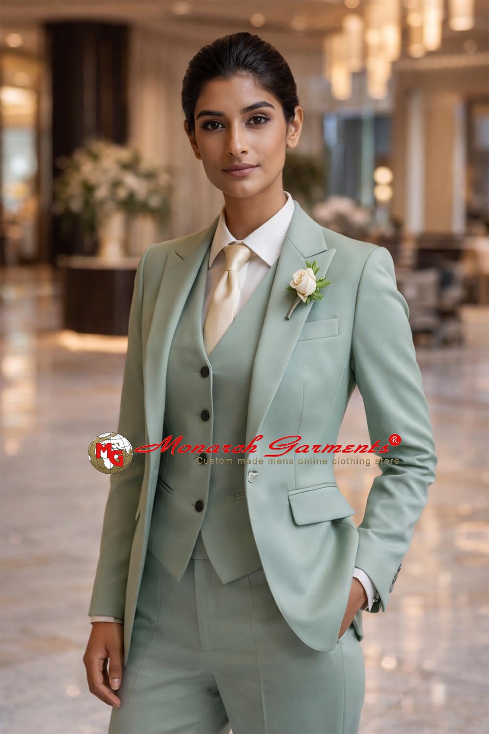 Sage green 3 piece slim fit formal suit for women with blazer waistcoat and tailored trousers
