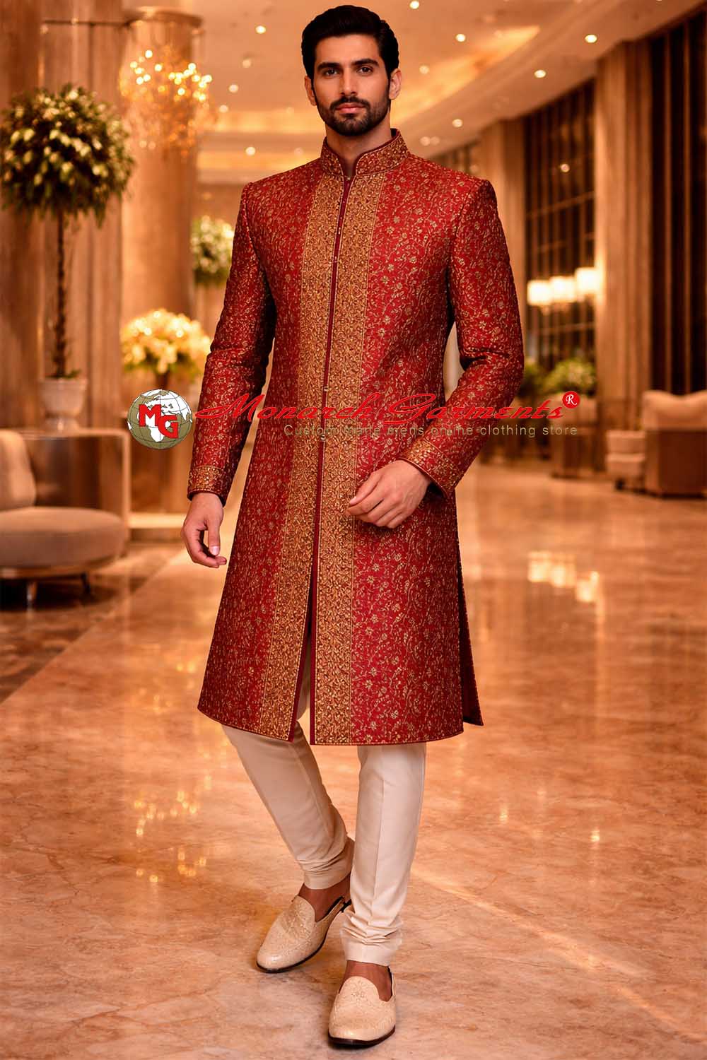 Scarlet and gold rajashahi sherwani with intricate hand embroidery and churidar pyjama for groom