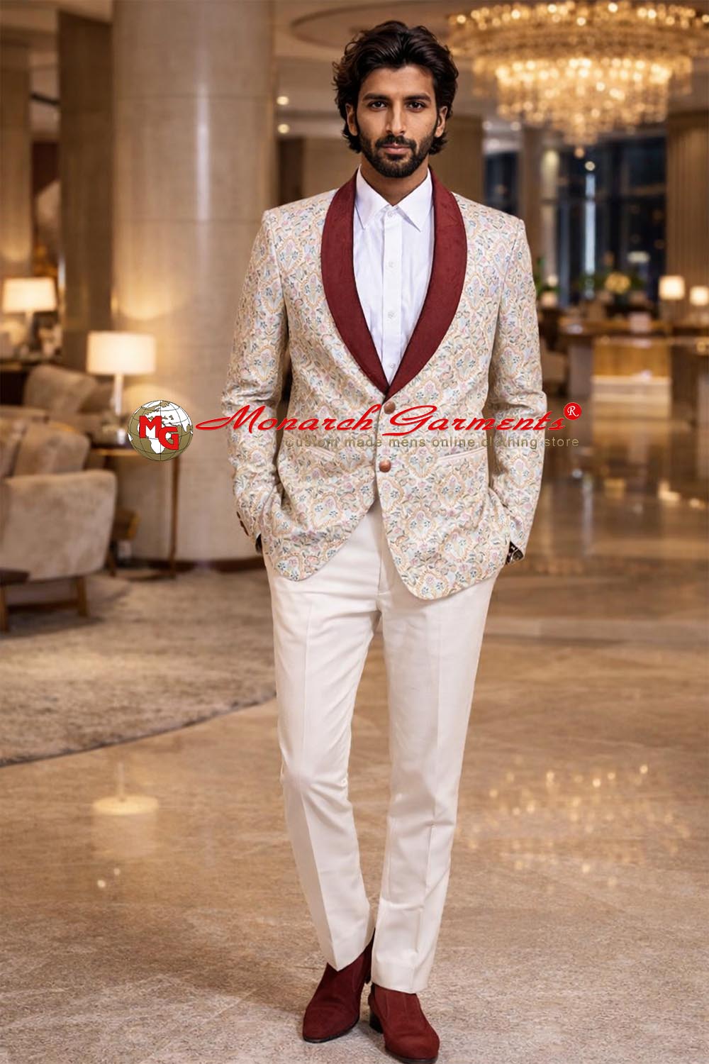 Men wearing silk floral embroidered tuxedo blazer with red velvet lapel for wedding reception India