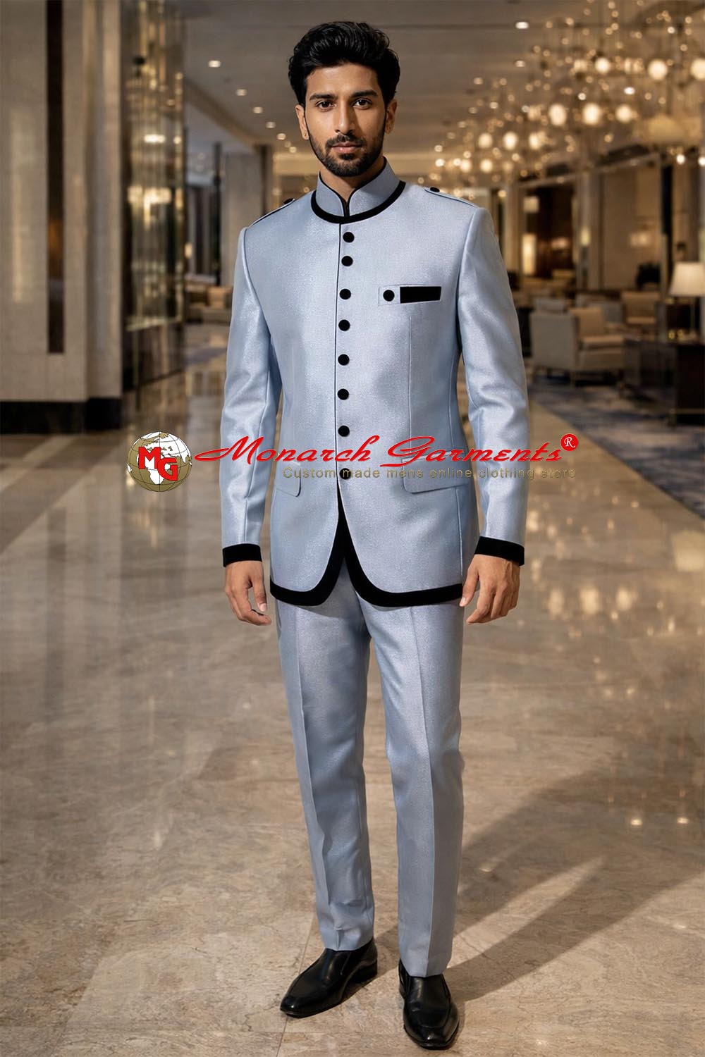 Silver bandhgala Indo-Western suit for men with black trim by Monarch Garments – luxury Indian wedding groom outfit