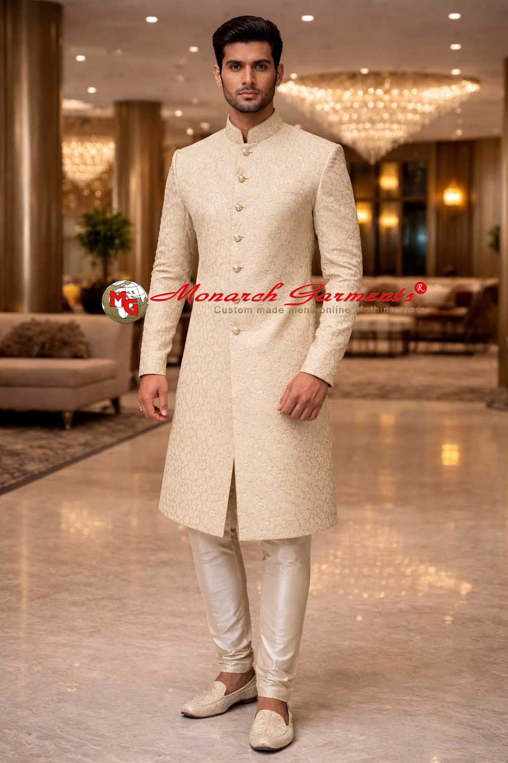 Men’s silver brocade Indian wedding sherwani with cream dupion silk churidar groom outfit