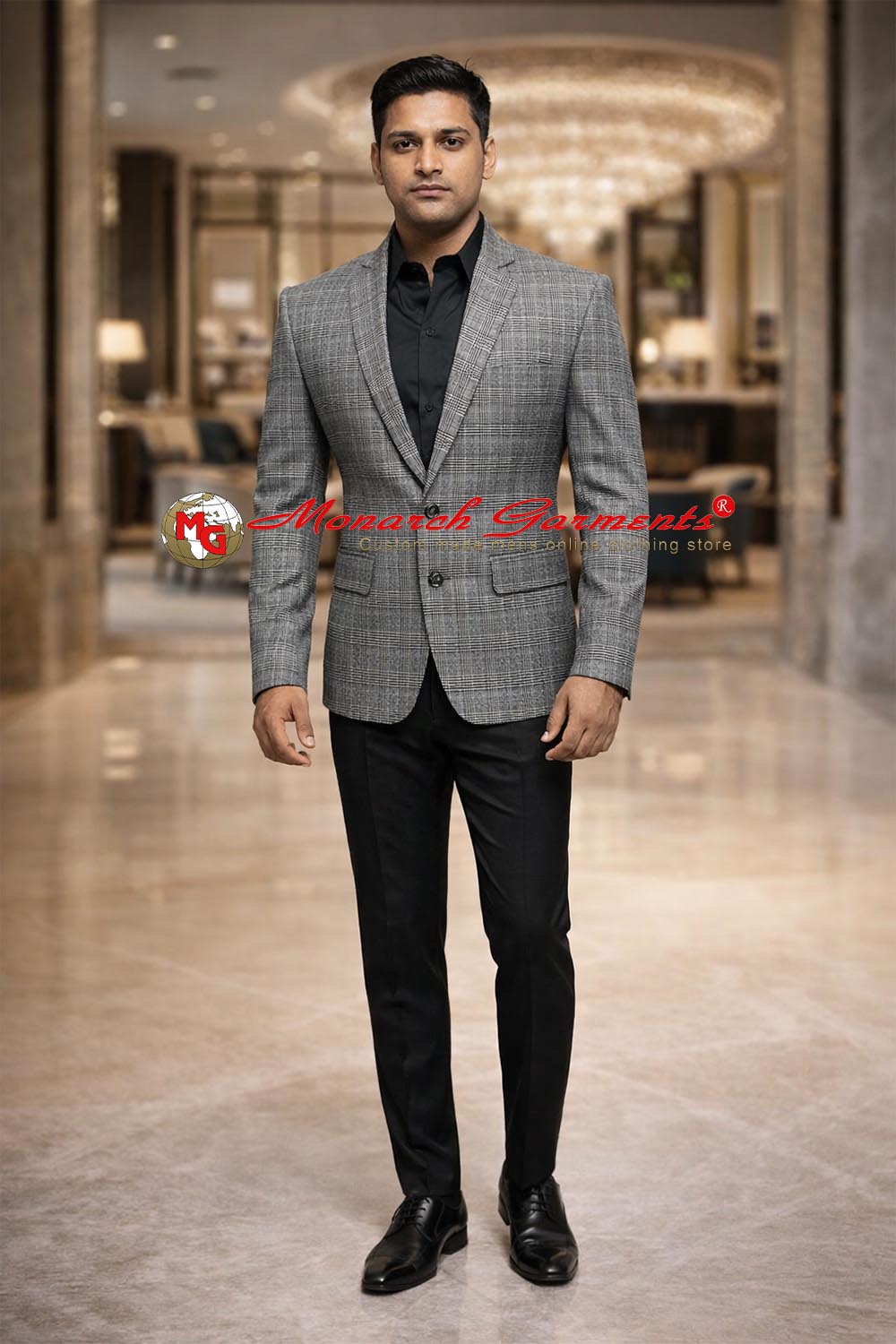 Men’s silver check slim fit notch lapel formal blazer by Monarch Garments