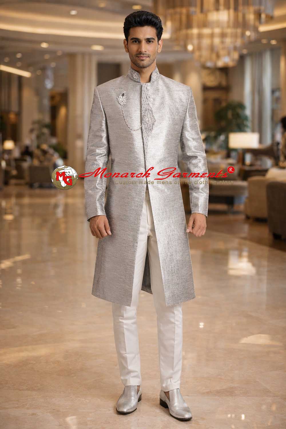 Silver dupion silk Indo Western suit for men wedding wear India