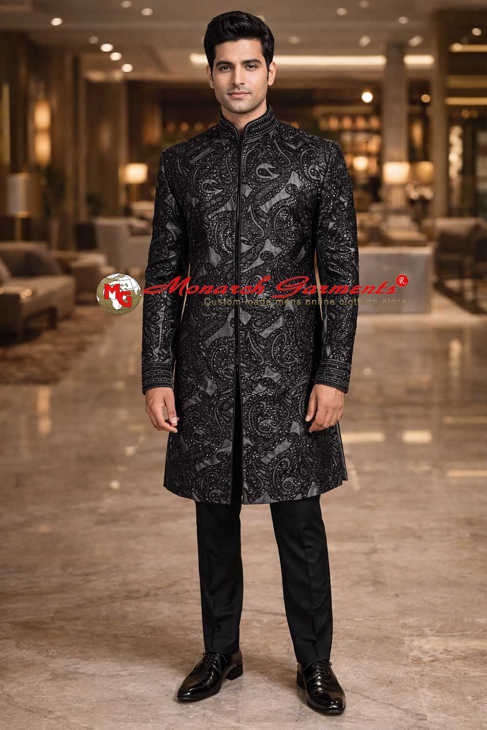 Silver embroidered Indo Western suit for men with concealed button and black trouser