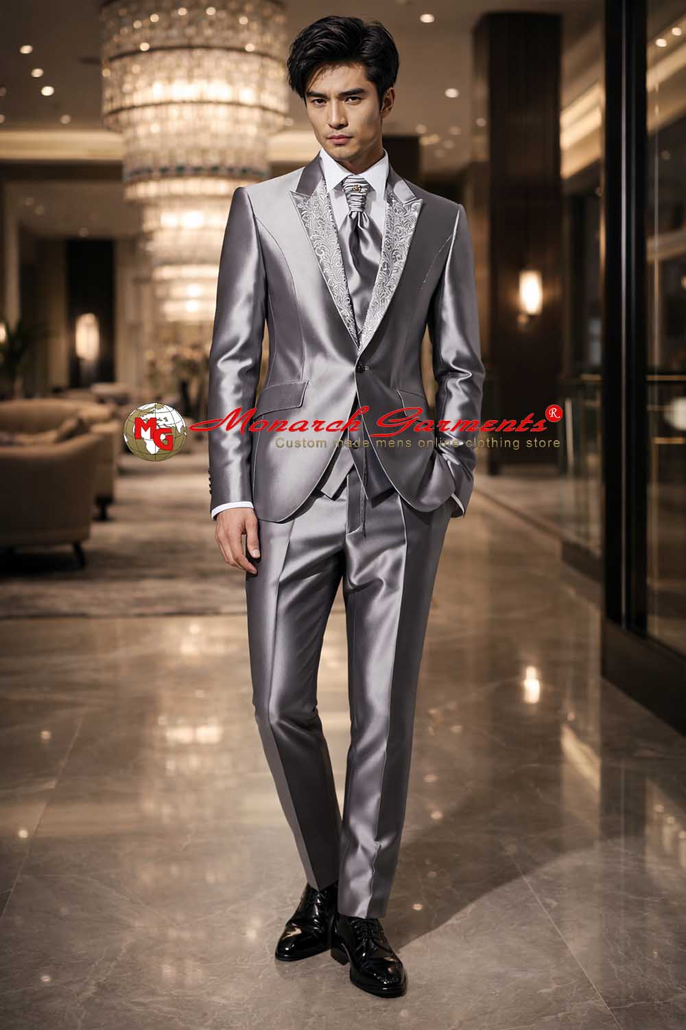 Silver embroidered peak lapel tuxedo suit for men slim fit wedding and reception wear India