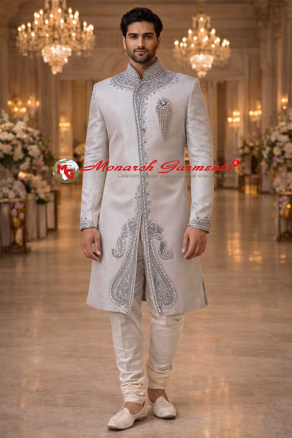 Silver embroidered wedding sherwani for men with bandhgala collar, royal groom sherwani by Monarch Garments