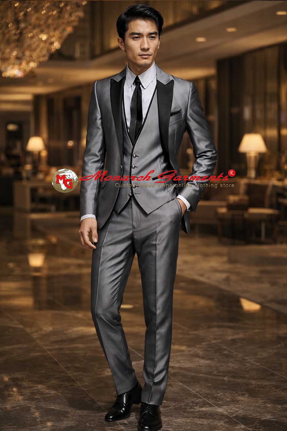 Silver grey peak lapel tuxedo suit for men slim fit wedding and reception wear India