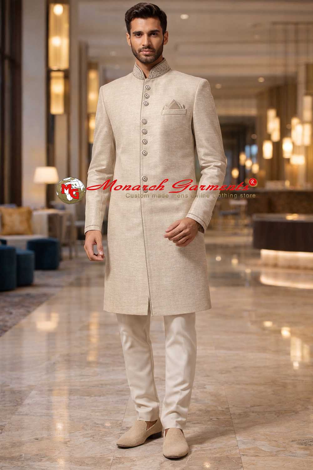 Silver Indo western suit for men with embroidered collar and churidar wedding wear
