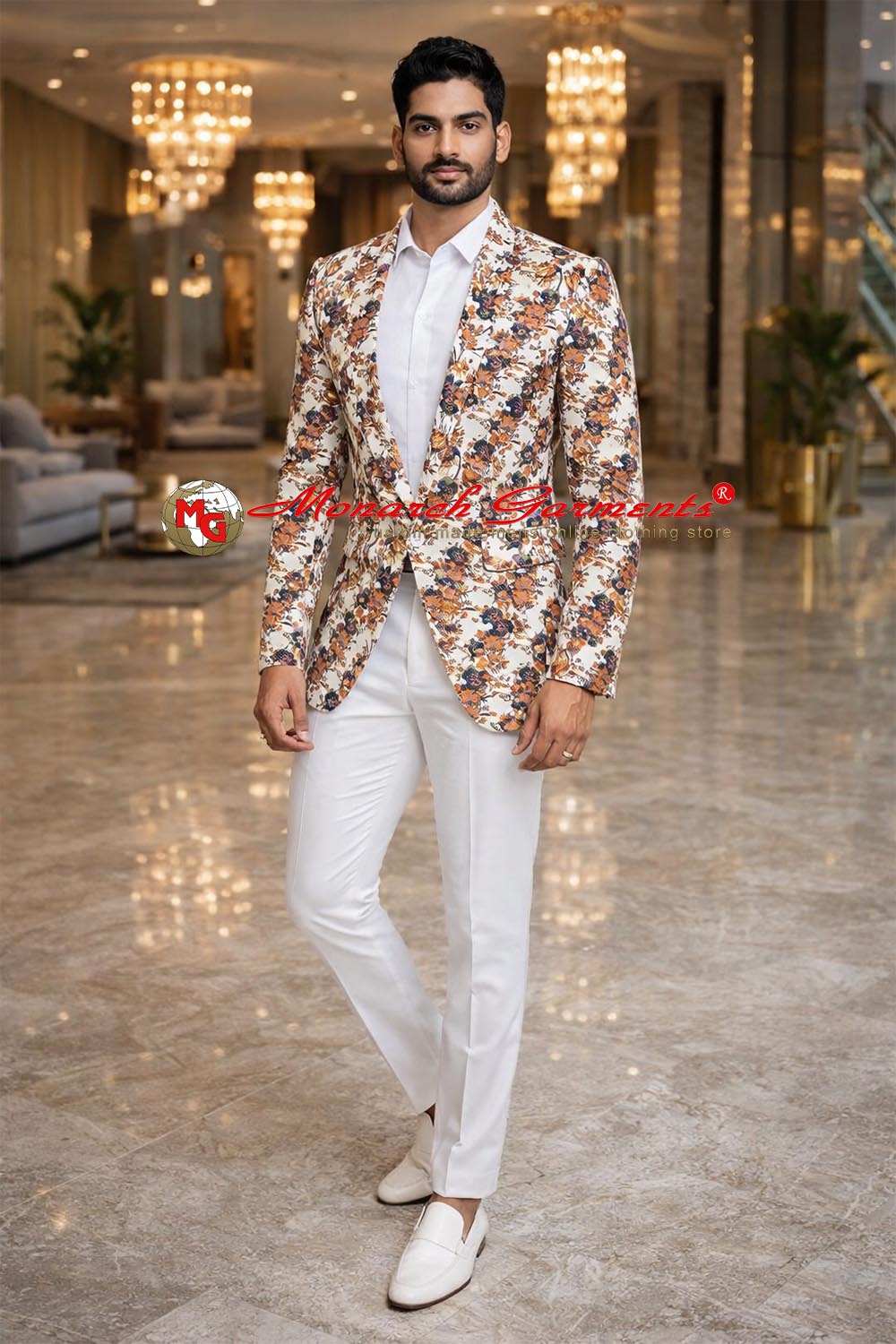 Silver paisley printed slim fit blazer with satin shawl lapel for men by Monarch Garments