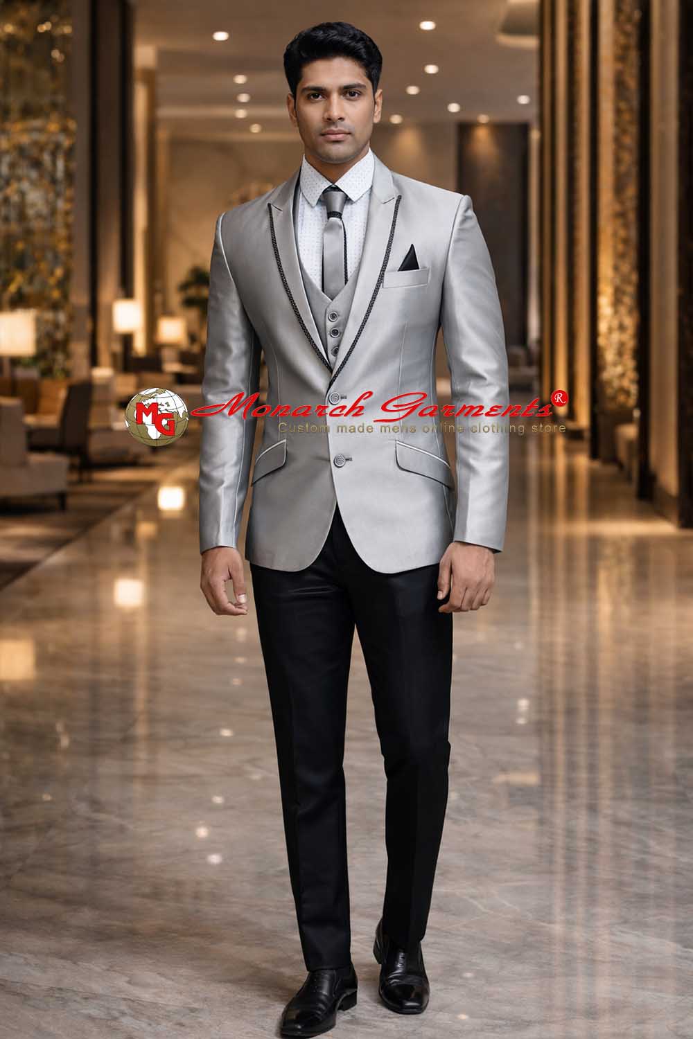 Silver tuxedo suit for men with peak lapel and black trousers slim fit formal wear