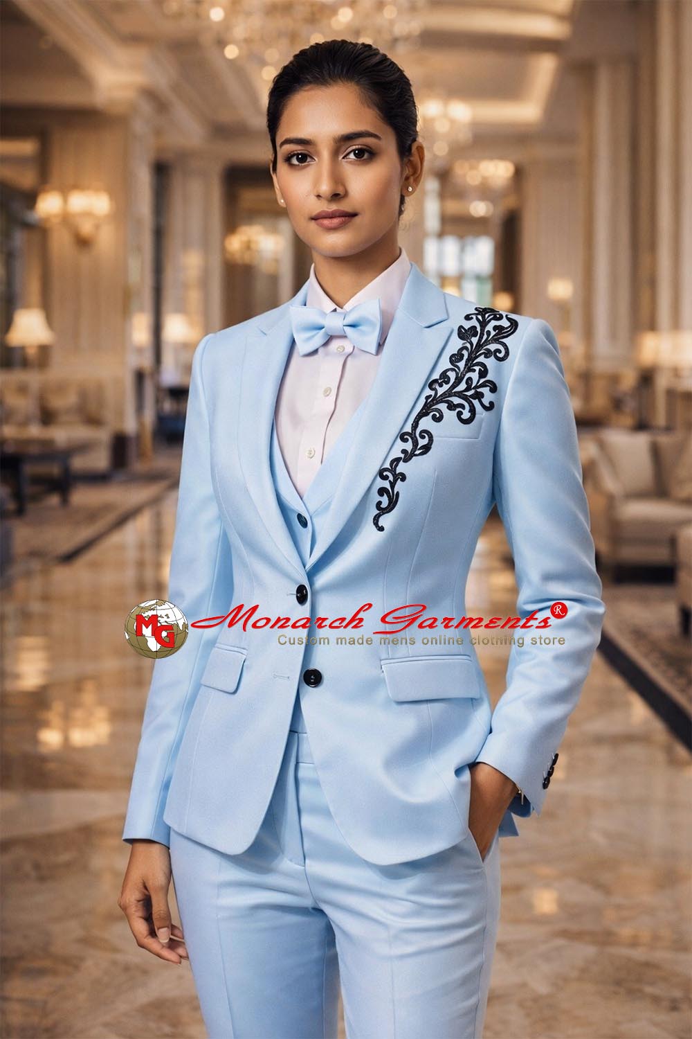 Sky blue embroidered 3 piece wedding suit for women with black embroidery detailing