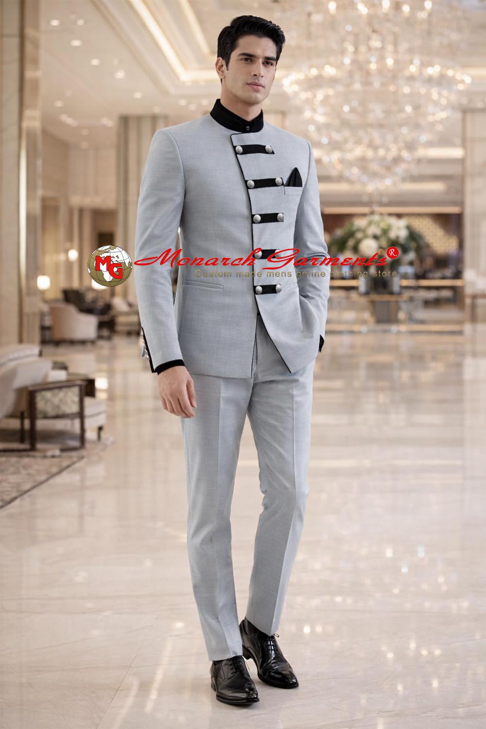 Sky blue Jodhpuri suit for men with black velvet trim double breasted bandhgala by Monarch Garments India