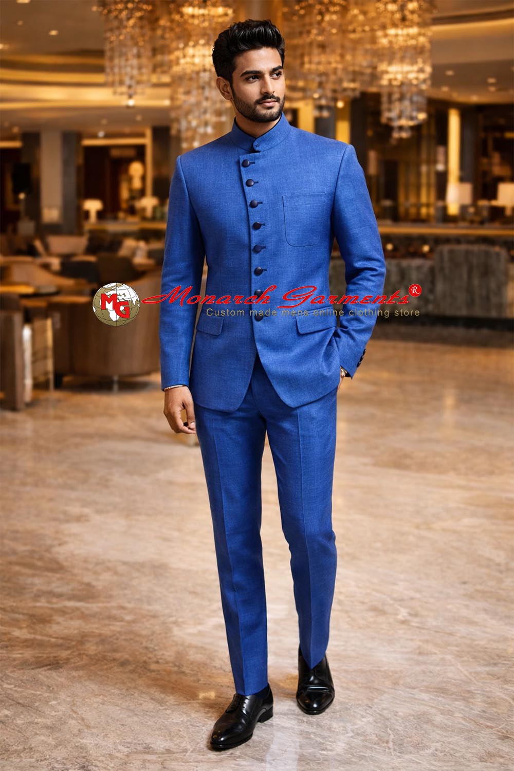 Men’s sky blue linen Angrakha style slim fit blazer with Nehru collar and satin piping Indo-Western wedding jacket