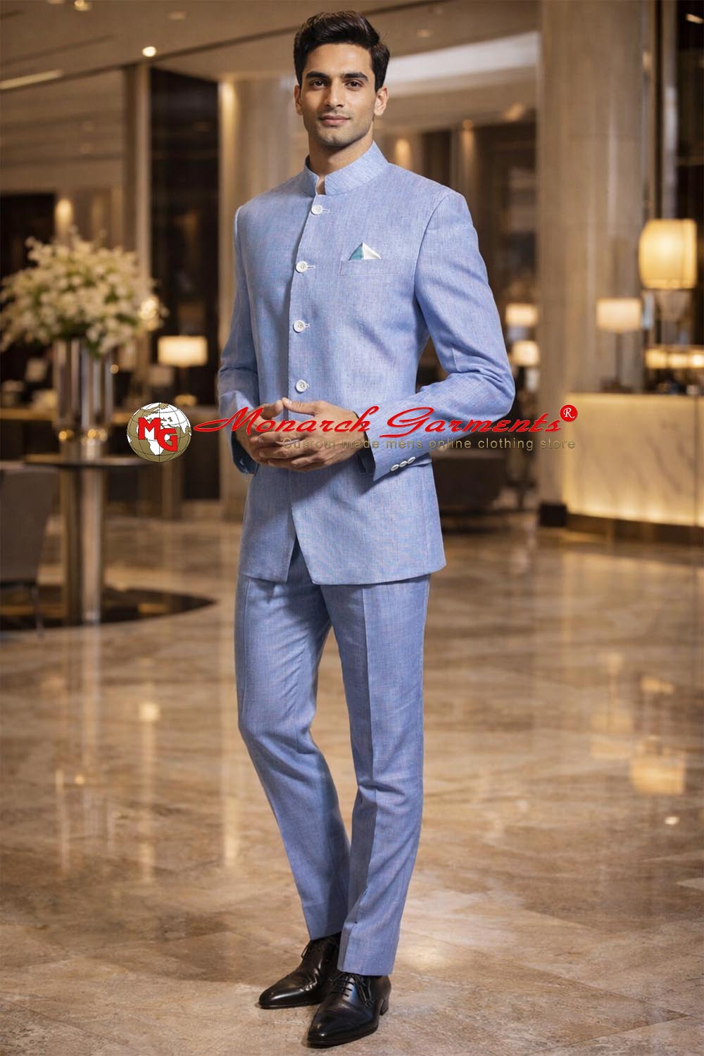 Sky blue linen Jodhpuri suit for men slim fit wedding wear India