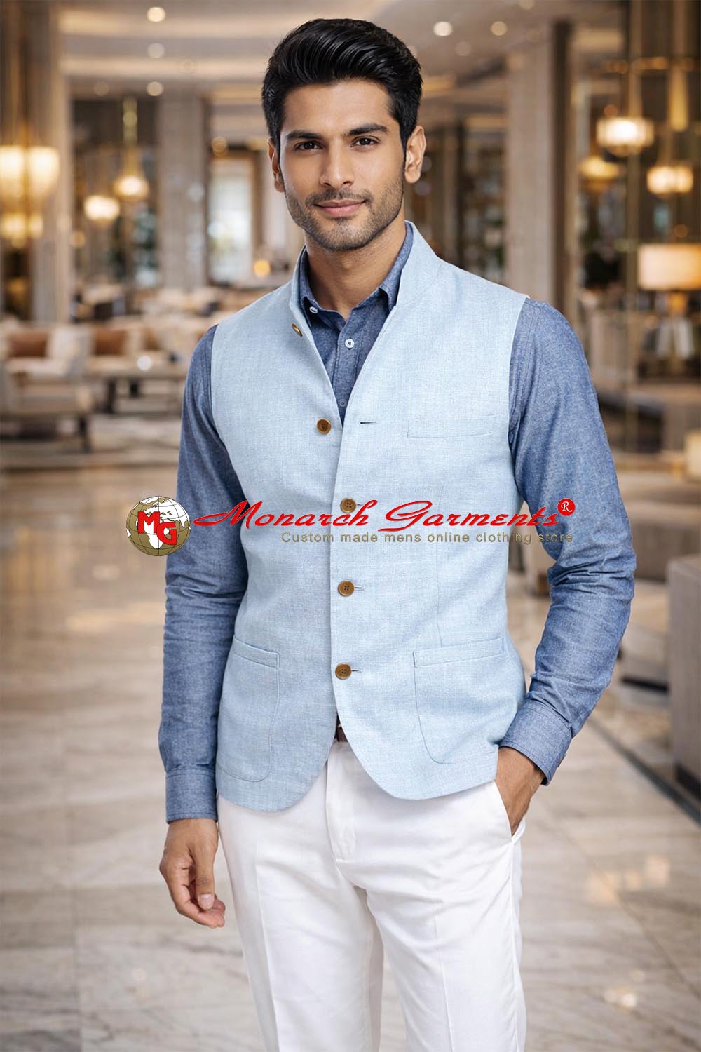Sky blue linen Nehru vest for men tailored fit summer waistcoat for weddings and formal events