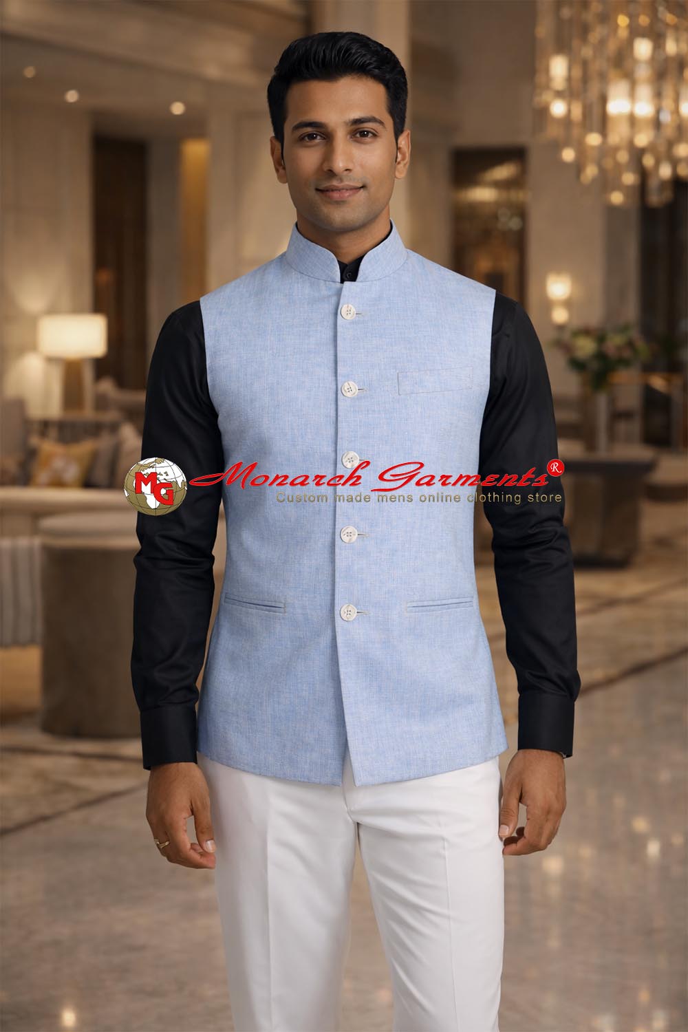 Sky blue linen Nehru vest for men slim fit wedding wear India